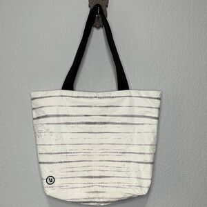 Vuori Aloha Day Tripper Striped White Canvas Tote Bag with Black Handles